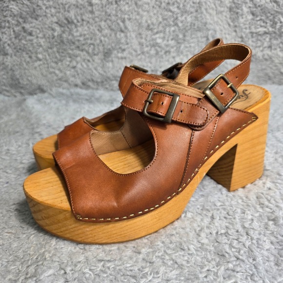 Free People Belem Leather Wood Platform Clog Sandals Brown Womens 39 8-8.5 NEW - Picture 2 of 8